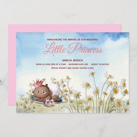 ベビー生まれたばかりのガールプリンセスクラウンアナウンスメントカード 案内状 (正面/裏面)