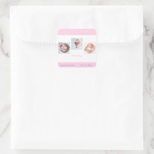 ベビー生まれたばかりのフォトピンクベビーガールかわいい誕生 スクエアシール (バッグ)