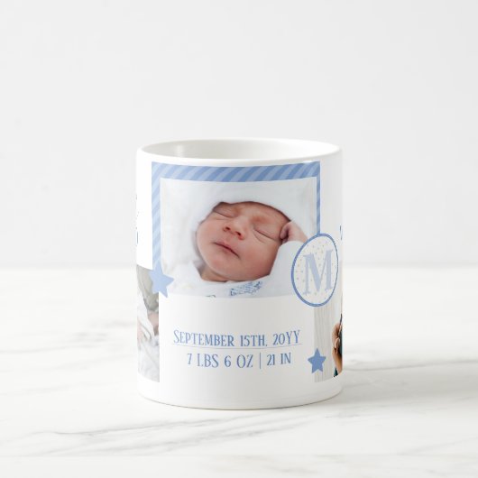 ベビー生まれたばかりの写真コラージュ、モノグラム、誕生統計 コーヒーマグカップ (中央)