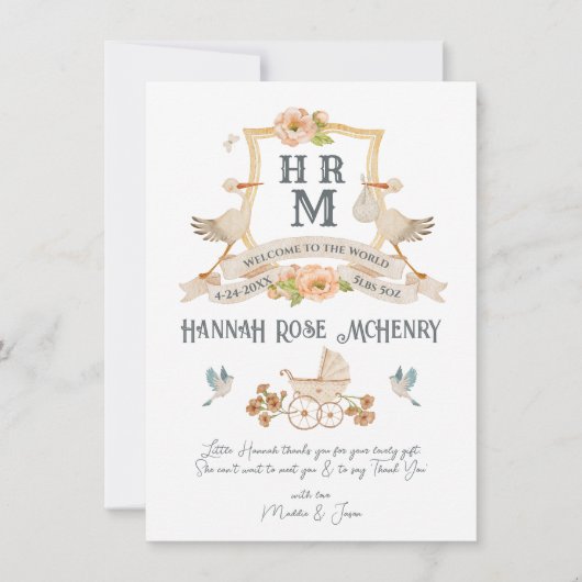 ベビー生まれたばかりの誕生発表モノグラムストーク 招待状 (正面)