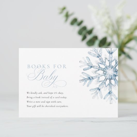 ベビー用の小さなスノーフレークの青い赤ちゃんシャワーの本 エンクロージャーカード (スタンド正面)