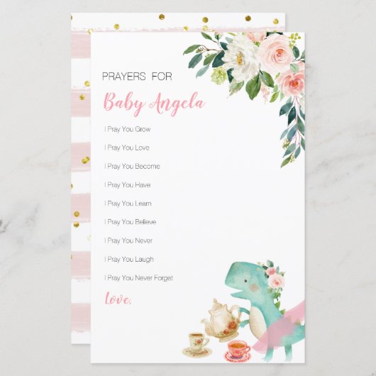 ベビー用の恐竜の茶パーティーフローラ祈りの言葉 (正面/裏面)