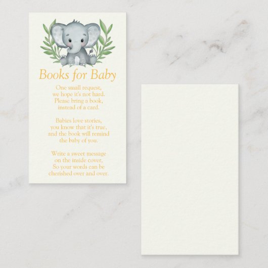ベビー用の緑の象の赤ちゃんシャワーブック エンクロージャーカード (正面/裏面)