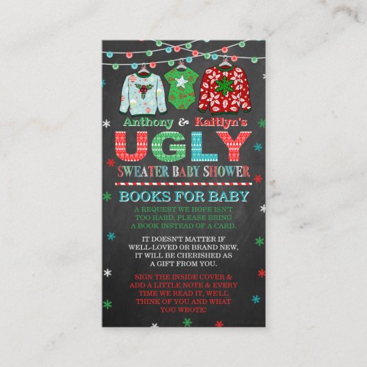 ベビー用の醜いセータークリスマスベビーシャワーブック エンクロージャーカード (正面)