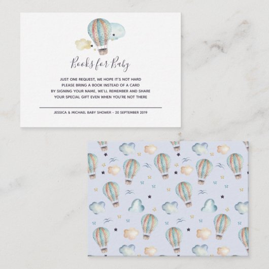 ベビー用ブック内の熱気球パーティー エンクロージャーカード (正面/裏面)