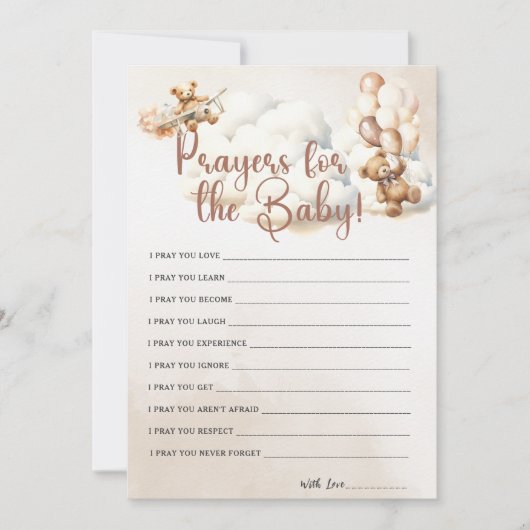 ベビー用祈りの言葉、ベビーシャワーゲームかわいいクマ 招待状 (正面)