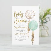 ベビー男女兼用シャワーミントと金ゴールド風船 招待状 (スタンド正面)
