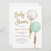 ベビー男女兼用シャワーミントと金ゴールド風船 招待状 (正面/裏面)