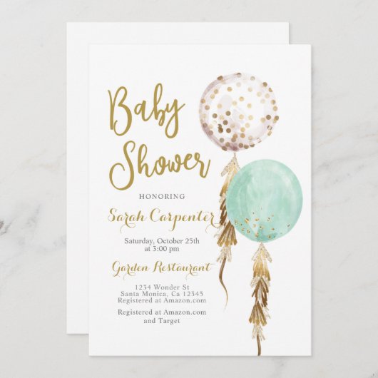 ベビー男女兼用シャワーミントと金ゴールド風船 招待状 (正面/裏面)