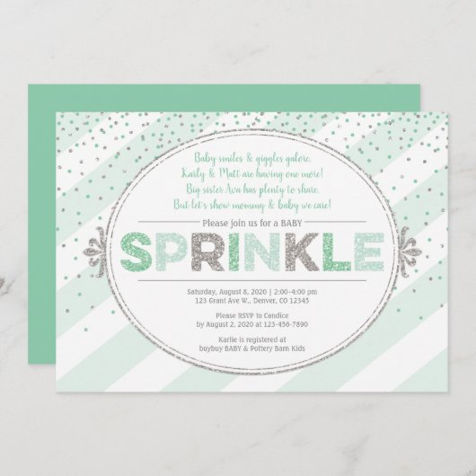 ベビー男女兼用散布招待状緑銀 招待状 (正面/裏面)