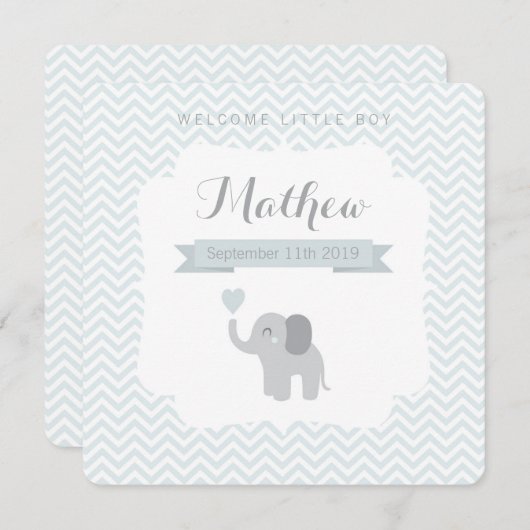 ベビー発表ボーイエレファントシェブロンハート 案内状 (正面/裏面)