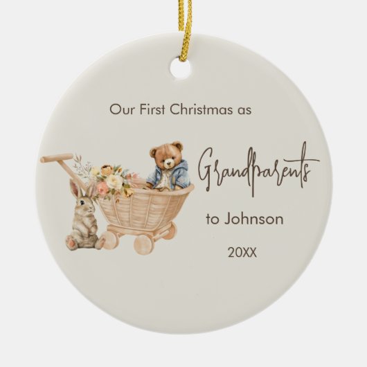 ベビー祖父母初めてのクリスマス写真テディベア セラミックオーナメント (正面)
