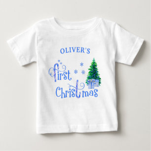 ベビー第1のクリスマスツリーと青いキャンディーの杖の少年 ベビーTシャツ