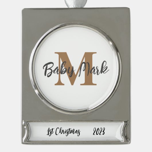 ベビー第1クリスマスツリーオーナメントモノグラム シルバープレートバナーオーナメント (正面)