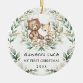 ベビー第1初めてのクリスマスウッドランドグリーナリーリース セラミックオーナメント (正面)