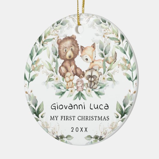 ベビー第1初めてのクリスマスウッドランドグリーナリーリース セラミックオーナメント (左)