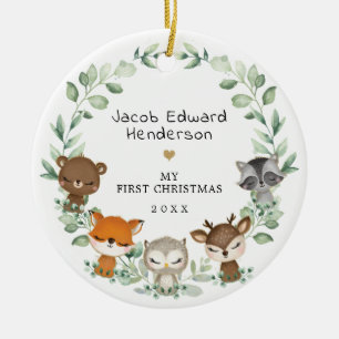 ベビー第1初めてのクリスマスウッドランド緑の動物 セラミックオーナメント