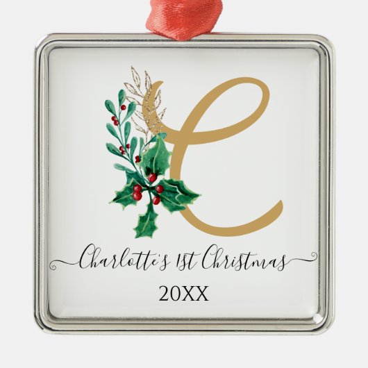 ベビー第1初めてのクリスマスモノグラムホリーベリー金ゴールド メタルオーナメント (正面)