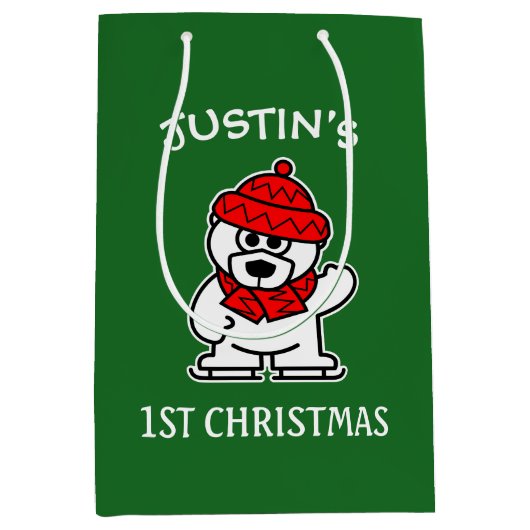 ベビー第1回クリスマスかわいいホッキョクグマパーソナライズされた ミディアムペーパーバッグ (正面)