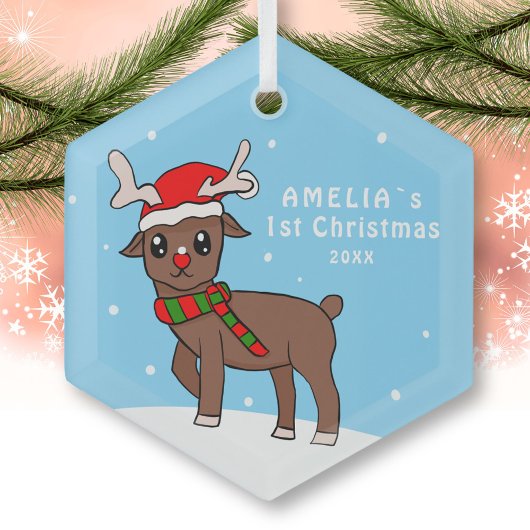 ベビー第1回クリスマスかわいい鹿スケッチ雪 ガラスオーナメント