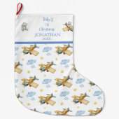ベビー第1回クリスマスウォーターカラー名For Him Blue ラージクリスマスストッキング (正面)