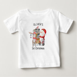ベビー第1回クリスマスサンタアンドトナカイ、そり ベビーTシャツ