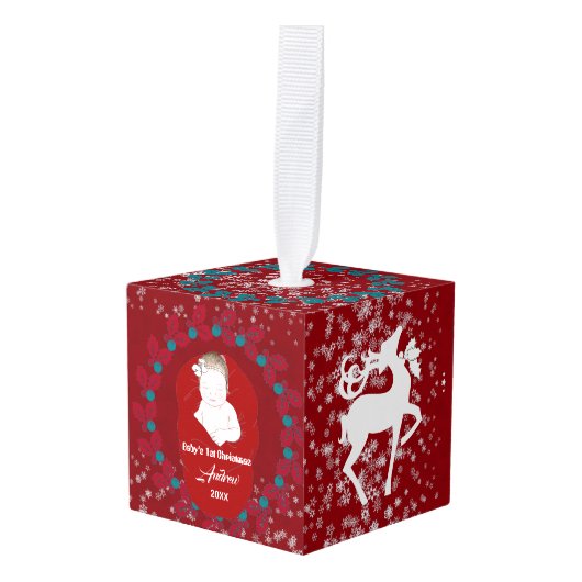ベビー第1回クリスマスススススカンジナビア北欧トナカイ キューブオーナメント (正面アングル)