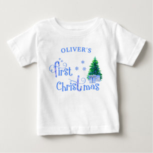 ベビー第1回クリスマスツリーとブルーキャンディーケーンボーイ ベビーTシャツ