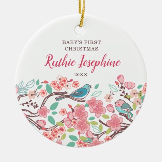 ベビー第1回クリスマスパーソナライズされたかわいい鳥 セラミックオーナメント (正面)