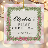 ベビー第1回クリスマスピンクのギンガム写真 セラミックオーナメント