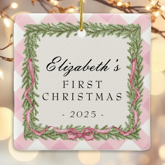 ベビー第1回クリスマスピンクのギンガム写真 セラミックオーナメント