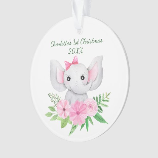 ベビー第1回クリスマスピンクエレファントグリーンフローラ オーナメント (正面)