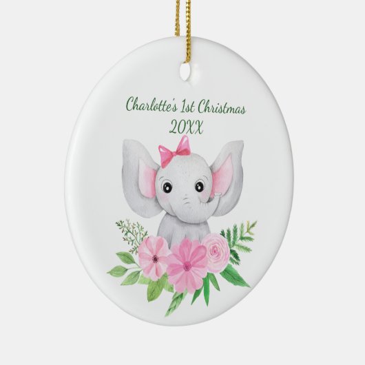 ベビー第1回クリスマスピンクエレファントグリーンフローラ セラミックオーナメント (右)