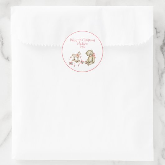 ベビー第1回クリスマスピンクパーソナライズされたクかわいい ラウンドシール (バッグ)