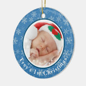 ベビー第1回クリスマスフォトブルー/ホワイトスノーフレーク セラミックオーナメント (左)