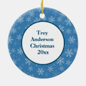 ベビー第1回クリスマスフォトブルー/ホワイトスノーフレーク セラミックオーナメント (裏面)