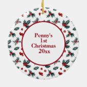 ベビー第1回クリスマスフォトホリーベリーの白 セラミックオーナメント (裏面)