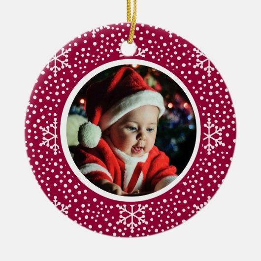ベビー第1回クリスマスフォトレッドホワイトスノーフレーク セラミックオーナメント (正面)