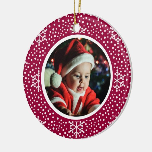 ベビー第1回クリスマスフォトレッドホワイトスノーフレーク セラミックオーナメント (左)