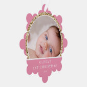 ベビー第1回クリスマスフォト名ピンク金ゴールドグリーティング オーナメントカード (右)