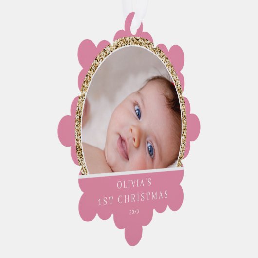 ベビー第1回クリスマスフォト名ピンク金ゴールドグリーティング オーナメントカード (右)