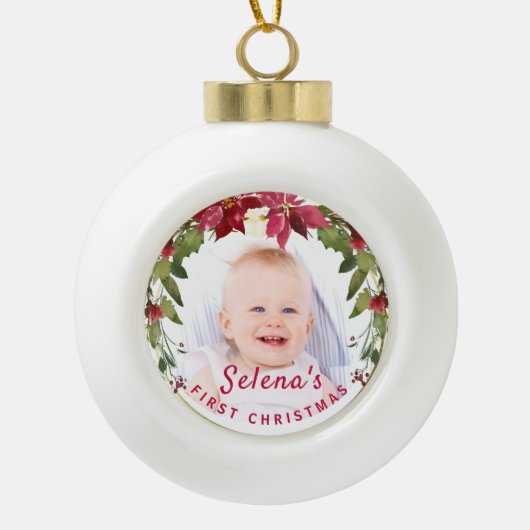 ベビー第1回クリスマスホリーリースフォトキープサケ セラミックボールオーナメント (正面)