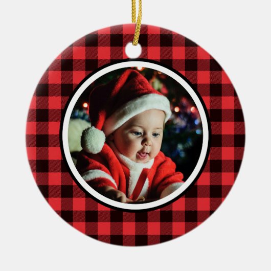 ベビー第1回クリスマスレッド&ブラックバッファロープレイド セラミックオーナメント (正面)