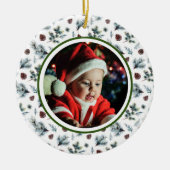 ベビー第1回クリスマス写真白い松のコーン セラミックオーナメント (正面)