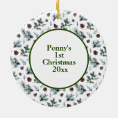 ベビー第1回クリスマス写真白い松のコーン セラミックオーナメント (裏面)