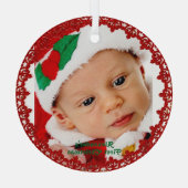 ベビー第1回クリスマス名前をカスタムするフォトレッドリース ガラスオーナメント (裏面)