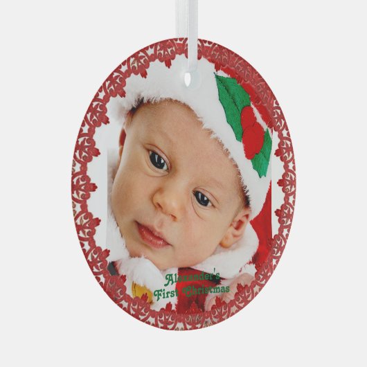 ベビー第1回クリスマス名前をカスタムするフォトレッドリース ガラスオーナメント (正面右)