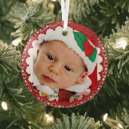 ベビー第1回クリスマス名前をカスタムするフォトレッドリース ガラスオーナメント (インサイチュ)