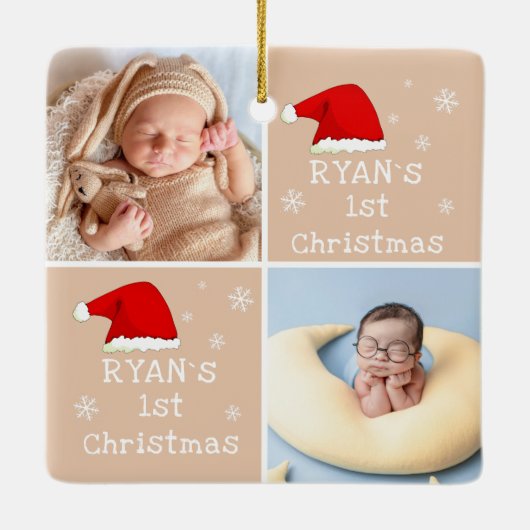 ベビー第1回クリスマス2写真サンタハットスノーフレーク セラミックオーナメント (裏面)
