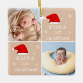 ベビー第1回クリスマス2写真サンタハットスノーフレーク セラミックオーナメント (正面)
